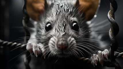 Foto op Plexiglas gray mouse rat in a cage escape laboratory concept freedom from iron bars © kichigin19
