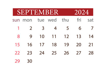 Vector SEPTEMBER 2024 calendar monthly planner start sunday template.