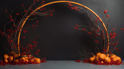 round arch, frame of branches and leaves autumn theme on a dark background, presentation of a new product, stage
