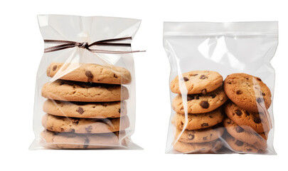 Closeup of cookies in a bag on a white transparent background