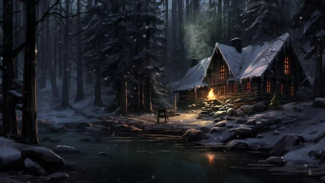 cabin in the forest during winter and snowfall. Seamless looping video background animation. Generated with AI