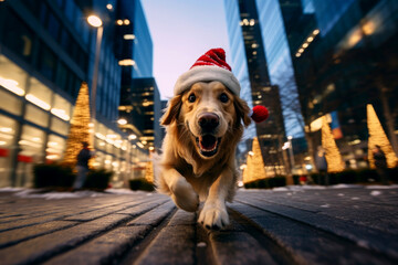 Cute dog Dog in Santa hat running with Christmas concept. Generative AI