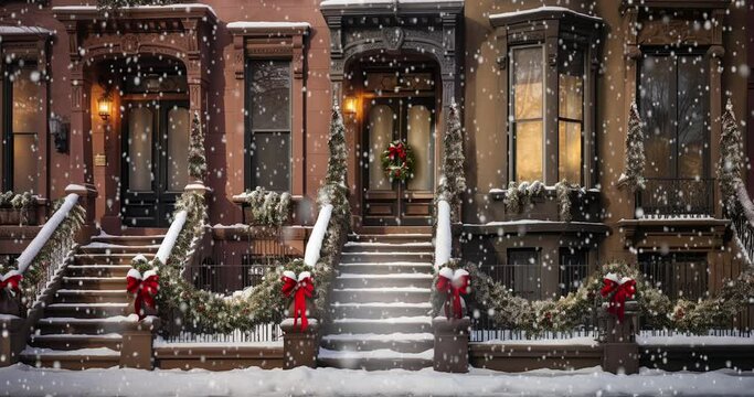 New York City Brownstone on Christmas, snowy, animated, loop