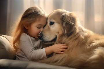 child hugging a friendly dog pet, showing affection .generative ai