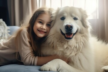 child hugging a friendly dog pet, showing affection .generative ai