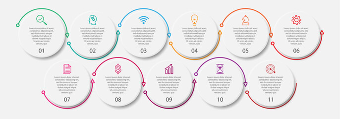 simple infographic vector design 11 steps or parts, circles with thin and thick lines, icons, text, numbers, for flow diagrams, presentations and your business