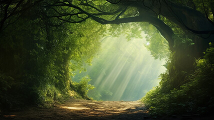 green forest tunnel arch corridor background with copy space. - obrazy, fototapety, plakaty