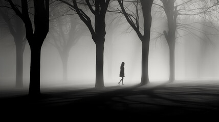 Obraz premium black and white silhouettes and shadows of people in the morning urban fog.