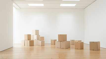 cardboard boxes in a large empty bright room, relocating.