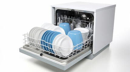 dishwasher with dishes isolated on a white background.