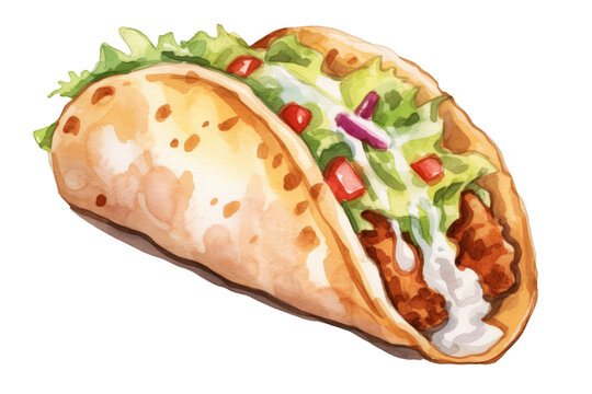 Watercolor style hand painted tasty tacos on white transparent background