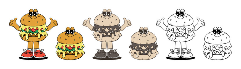 Set Retro groovy cartoon character Burger. Vintage mascot with psychedelic smile and emotion. Colorful, monochrome, black, white colors. Funky vector illustration