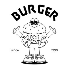 Retro groovy cartoon logo with character Burger. Vintage mascot with psychedelic smile and emotion. Black, white colors. Funky vector illustration