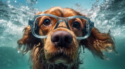 a freediver dog dives in clear water in summer.