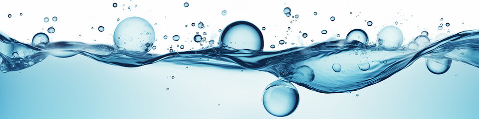 narrow panorama of bubbles in clear blue water background. - obrazy, fototapety, plakaty