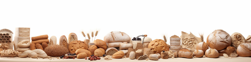 bread and various rolls isolated on a white background composition is a long narrow panorama of the top of the site. - obrazy, fototapety, plakaty