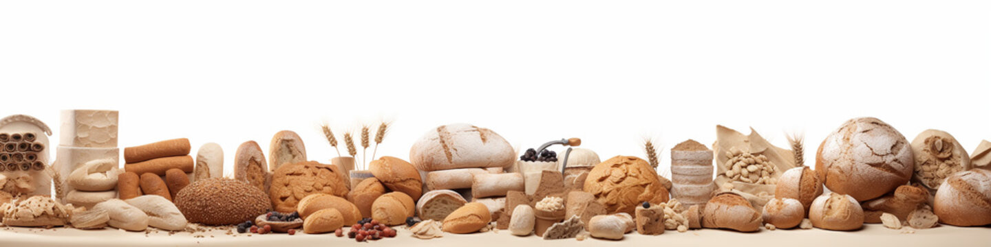 Bread And Various Rolls Isolated On A White Background Composition Is A Long Narrow Panorama Of The Top Of The Site.