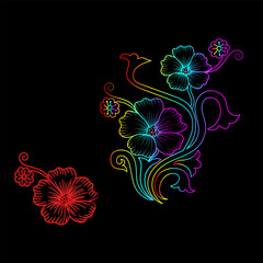 Rainbow color line art floral vector illustration, colorful vintage decorative vector template, rainbow color flower ornaments.