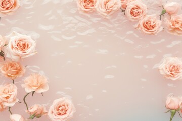 Romantic creative layout with roses floating in water. Minimal nature abstract backdrop. Spa and cosmetic concept background, banner, card. Valentine or woman day. Flat lay, top view, copy space