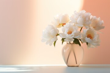 White peony flowers bouquet in vase on sunny light orange background. Minimal stylish still life floral composition with copy space. Gift for for woman or mothers day. Floral card template 