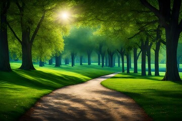 nice green park,  path on blue sky background