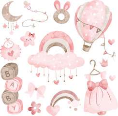 Watercolor Illustration set of Nursery Clipart for Baby Girl