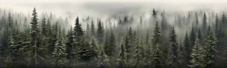 panorama of a coniferous forest in the mist of tree tops.