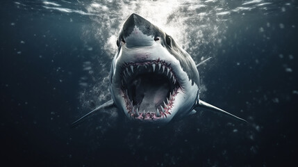 white shark underwater jaws open predator attacks. - obrazy, fototapety, plakaty