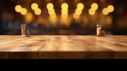 an empty tabletop podium in a restaurant with a blurred background with a copy of the evening bar space. - obrazy, fototapety, plakaty