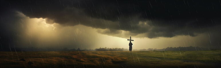 panoramic landscape a lonely man at a glowing cross concept biblical religion.