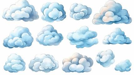 a set of watercolor painted clouds on a white background isolated.