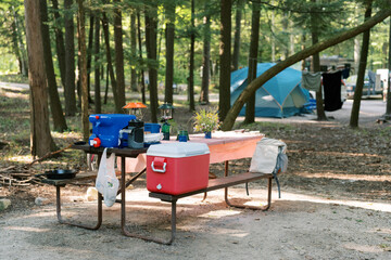 Horizontal image of a campsite picnic table with a water jug and cooler sitting on top.