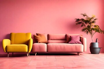 Modern interior design, in a spacious room, a pink wall. Bright, spacious room with a comfortable sofa of yellow color.