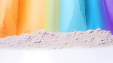 Close up of stripes of rainbow coloured sand and copy space on white background,PPT background