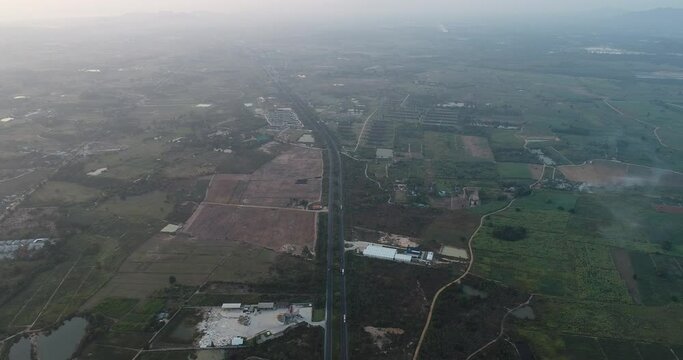 Aerial view transport main rural highway road moorning sunrise asphalt road transport industry