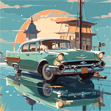 AI generated image of a blue vintage classic car. Car in the city. Vector illustration.
