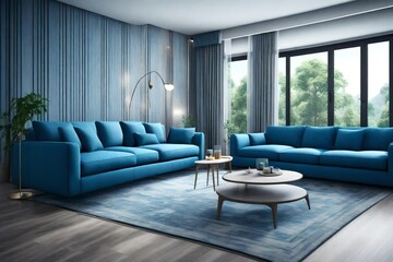 Modern living room with sofa of blue color ,furniture, and land scape view out side from the window