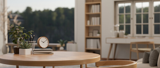 Copy space for display your product and accessories on a wooden table in a minimalist living room.