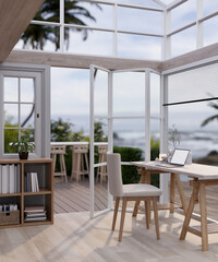A laptop mockup on a table in a beautiful minimalist coffee shop with high glass ceiling and wall.