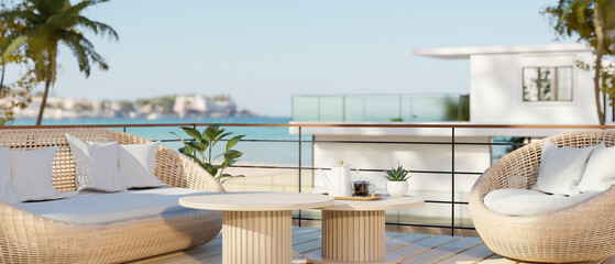 Exterior design of a beautiful balcony or outdoors lounge with a wicker sofa and an armchair.
