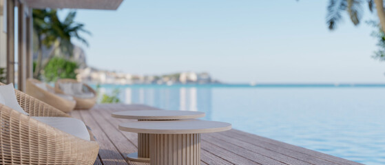 Exterior design of a beautiful balcony or outdoors lounge with a wicker sofa and an armchair.