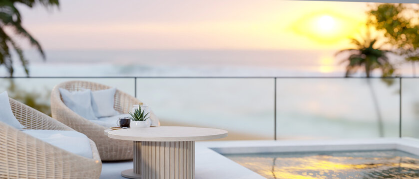 Exterior design of a beautiful balcony or outdoors lounge with a wicker sofa and an armchair.