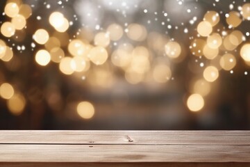 AI Generated abstract blurry sparkling background with empty wood table for Christmas holiday stand.