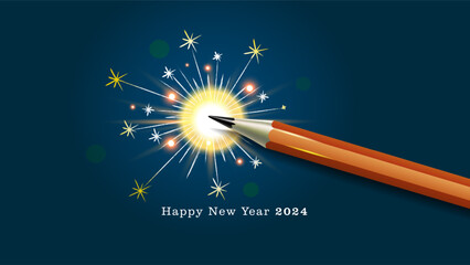 Celebration concept of 2024 new year. Poster banner design with pencil and fireworks. - obrazy, fototapety, plakaty