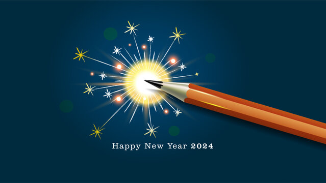 Celebration concept of 2024 new year. Poster banner design with pencil and fireworks.
