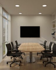 Interior design of a modern, minimal meeting room with meeting table and TV screen on the wall.