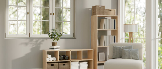 Interior design of a minimal Scandinavian living room with a cosy armchair, a wooden bookshelf