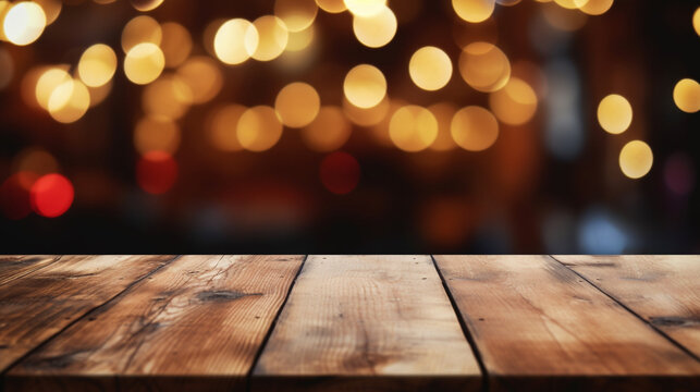 AI Generated abstract blurry sparkling background with empty wood table for Christmas holiday stand.