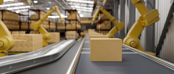 A row of cardboard boxes is on a conveyor belt in a modern distribution warehouse.