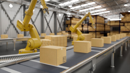 A row of cardboard boxes is on a conveyor belt in a modern distribution warehouse.